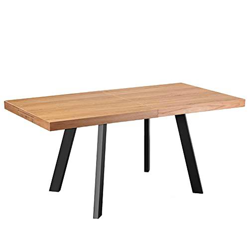 DRW Mesa de Comedor Extensible de Madera y Patas de Metal con Tablero de DM+Melamina y PVC en Roble y Negro 160/200x85x76cm