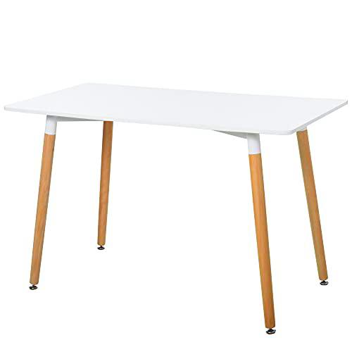 HOMCOM Mesa de Comedor de Estilo Nórdico Moderno con Patas de Madera de Haya Estructura de Metal con Almohadillas Ajustables 120x60x75 cm Blanco