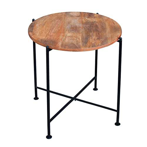 Mesa Redonda Plegable con Tapa en Madera Natural y Pata de Hierro Negro