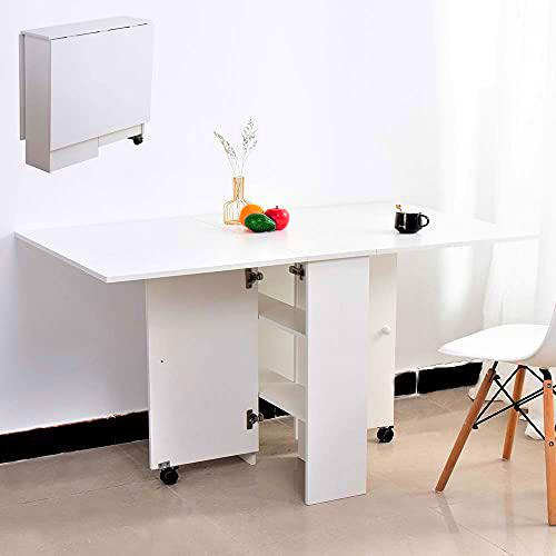 BAKAJI Mesa de Comedor Plegable Mesa de Madera con 2 Solapas 2 Estantes de Almacenaje y Ruedas para Cocina 80x140x74 cm Blanco