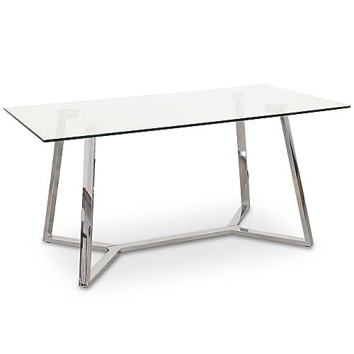 DRW Mesa de Comedor de Cristal y Metal en Acero Brillo 160x90x76cm