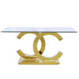 DRW Mesa de Comedor de Cristal y Acero en Transparente y Dorado Brillo 160x90x75cm