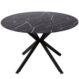 DRW Mesa de Comedor de Metal y Cristal Efecto marmol en Negro 120x120x75cm