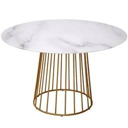 DRW Mesa de Comedor de Cristal Efecto marmol y Metal en Blanco y Dorado 120x120x75cm