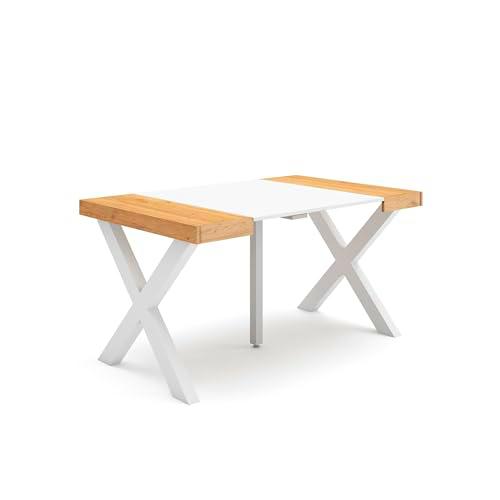 Skraut Home | Mesa Consola Extensible | Mesa Comedor Plegable | 140 | para 6 comensales | Patas Madera Maciza | Estilo Moderno | Roble y Blanco