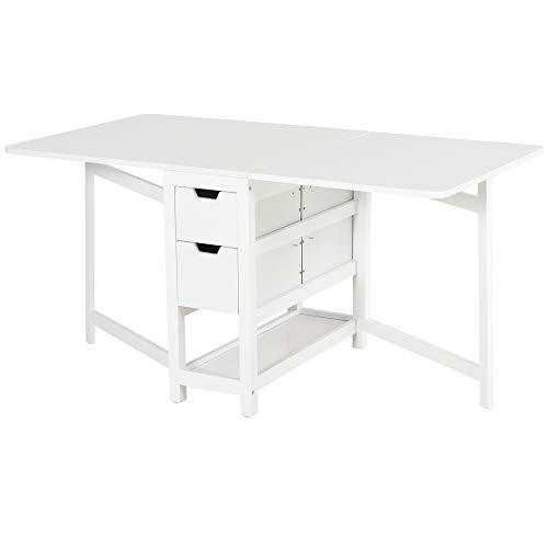 HOMCOM Mesa de Comedor Plegable Mesa Extensible con 2 Alas Laterales 2 Cajones y 1 Estante Almacenaje para Cocina Carga Total 50 kg 150x80x74 cm Blanco