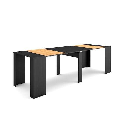 Skraut Home | Mesa Consola Extensible | Mesa Comedor Plegable | 260 | para 12 comensales | Comedor y Cocina | Estilo Moderno | Negro y Roble