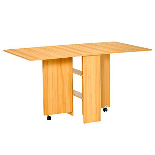 HOMCOM Mesa de Comedor Plegable con Ruedas Mesa de Cocina Extensible para Espacio Pequeño con 2 Alas Abatibles y Estantes 140x80x74 cm Madera Natural