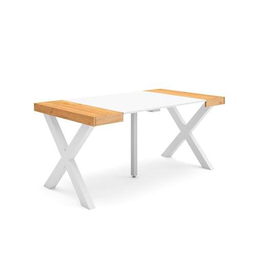 Skraut Home | Mesa Consola Extensible | Mesa Comedor Plegable | 160 | para 8 comensales | Patas Madera Maciza | Estilo Moderno | Roble y Blanco