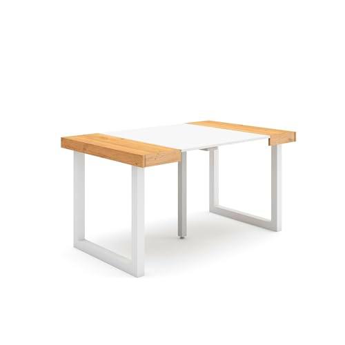 Skraut Home | Mesa Consola Extensible | Mesa Comedor Plegable | 140 | para 6 comensales | Patas Madera Maciza | Estilo Moderno | Roble y Blanco