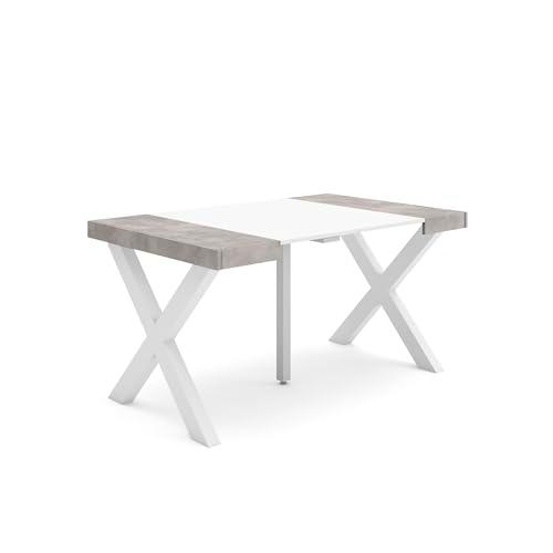 Skraut Home | Mesa Consola Extensible | Mesa Comedor Plegable | 140 | para 6 comensales | Patas Madera Maciza | Estilo Moderno | Blanco y Cemento