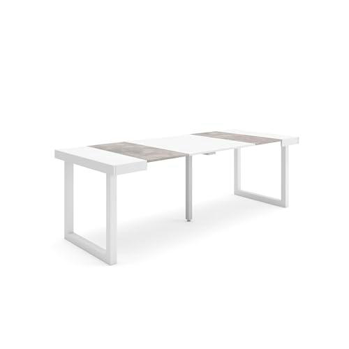 Skraut Home | Mesa Consola Extensible | Mesa Comedor Plegable | 220 | para 10 comensales | Patas Madera Maciza | Estilo Moderno | Blanco y Cemento