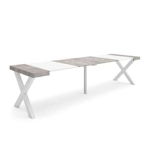 Skraut Home | Mesa Consola Extensible | Mesa Comedor Plegable | 300 | para 14 comensales | Patas Madera Maciza | Estilo Moderno | Blanco y Cemento