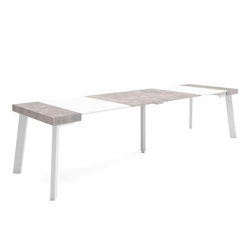 Skraut Home | Mesa Consola Extensible | Mesa Comedor Plegable | 300 | para 14 comensales | Patas de Madera | Estilo Moderno | Blanco y Cemento