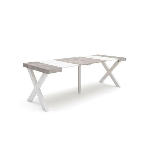 Skraut Home | Mesa Consola Extensible | Mesa Comedor Plegable | 220 | para 10 comensales | Patas Madera Maciza | Estilo Moderno | Blanco y Cemento