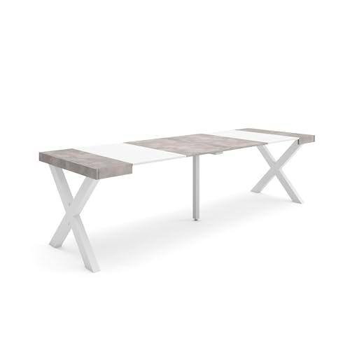 Skraut Home | Mesa Consola Extensible | Mesa Comedor Plegable | 260 | para 12 comensales | Patas Madera Maciza | Estilo Moderno | Blanco y Cemento