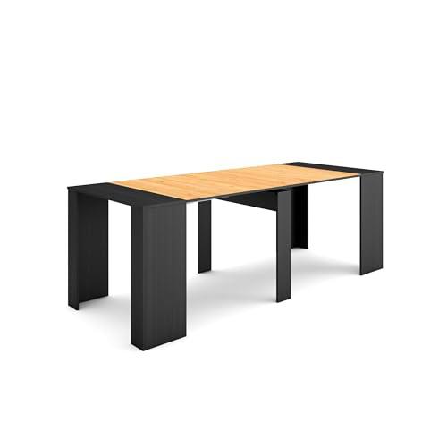 Skraut Home | Mesa Consola Extensible | Mesa Comedor Plegable | 220 | para 10 comensales | Comedor y Cocina | Estilo Moderno | Negro y Roble