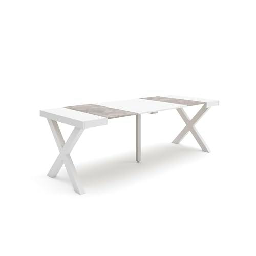 Skraut Home | Mesa Consola Extensible | Mesa Comedor Plegable | 220 | para 10 comensales | Patas Madera Maciza | Estilo Moderno | Blanco y Cemento