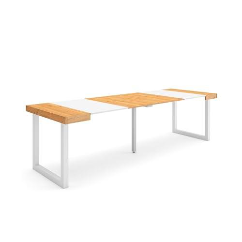 Skraut Home | Mesa Consola Extensible | Mesa Comedor Plegable | 260 | para 12 comensales | Patas Madera Maciza | Estilo Moderno | Roble y Blanco