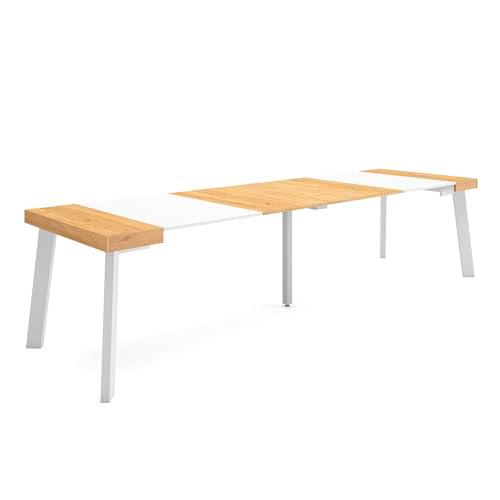 Skraut Home | Mesa Consola Extensible | Mesa Comedor Plegable | 300 | para 14 comensales | Patas de Madera | Estilo Moderno | Roble y Blanco