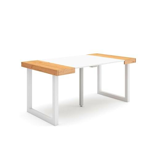 Skraut Home | Mesa Consola Extensible | Mesa Comedor Plegable | 160 | para 8 comensales | Patas Madera Maciza | Estilo Moderno | Roble y Blanco