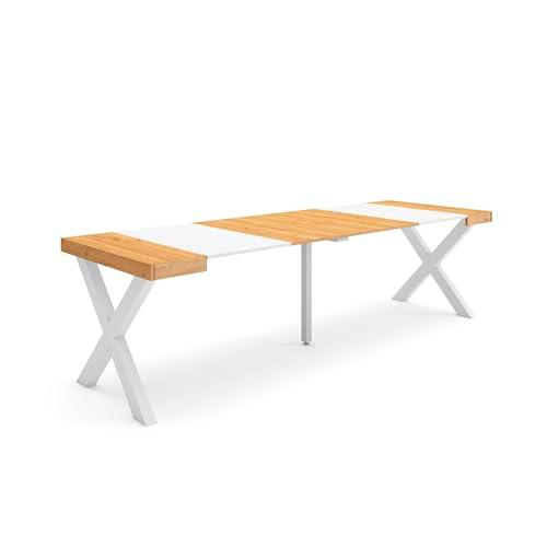 Skraut Home | Mesa Consola Extensible | Mesa Comedor Plegable | 260 | para 12 comensales | Patas Madera Maciza | Estilo Moderno | Roble y Blanco