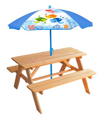 FUN HOUSE Pica TORTURA NIÑO 713607 MA PEQUEÑA Carapace Mesa Pique DE Madera H.53 X L.95 Parasol TORTUE H.125 X Ø 100 CM, Azul