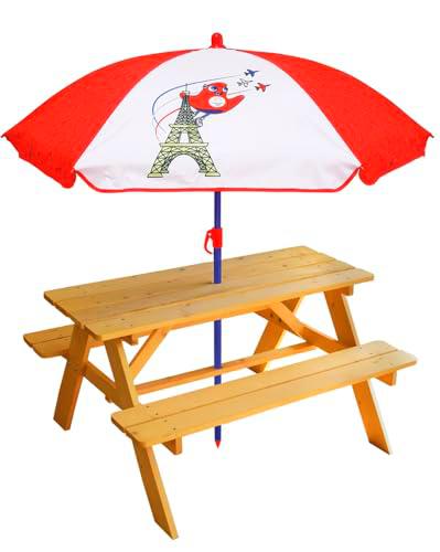 FUN HOUSE 713608 Pica NIÑO Juegos OLÍMPICO PARÍS 2024 Mesa Pique DE Madera H.53 X L.95 Parasol JO H.125 X Ø 100 CM