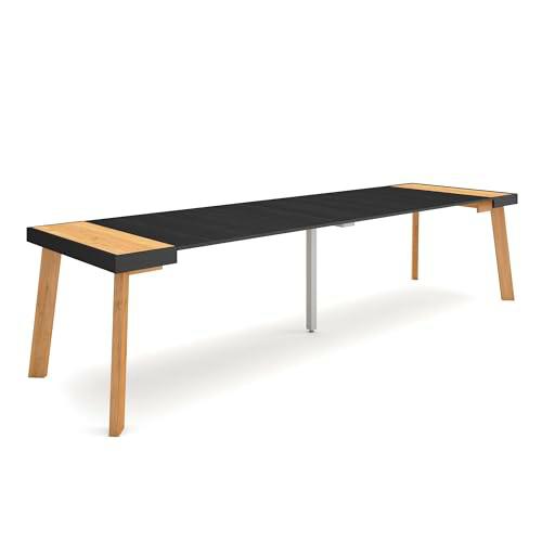 Skraut Home | Mesa Consola Extensible | Mesa Comedor Plegable | 300 | para 14 comensales | Patas de Madera | Estilo Moderno | Roble y Negro