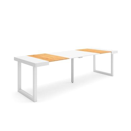 Skraut Home | Mesa Consola Extensible | Mesa Comedor Plegable | 260 | para 12 comensales | Patas Madera Maciza | Estilo Moderno | Roble y Blanco