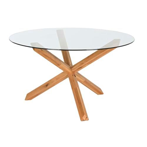 Home ESPRIT Mesa de Comedor Natural Cristal Templado Madera de Roble 130 x 130 x 75 cm