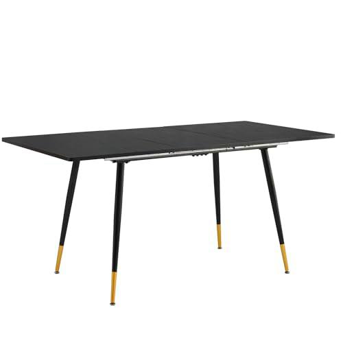 39F FURNITURE DREAM Mesa Extensible Estilo escandinavo con Tapa de Madera Negra y Patas de Metal Dorado para Cocina