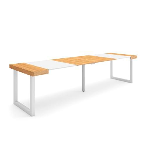 Skraut Home | Mesa Consola Extensible | Mesa Comedor Plegable | 300 | para 14 comensales | Patas Madera Maciza | Estilo Moderno | Roble y Blanco