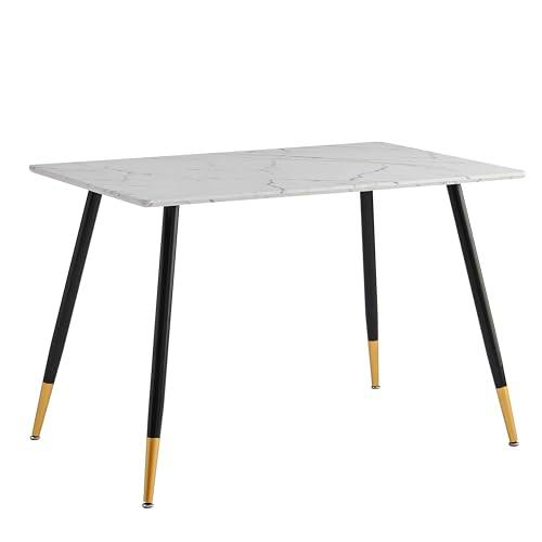 39F FURNITURE DREAM Mesa diseño escandinavo con Parte Superior de Papel de mármol Blanco y Patas de Metal Negro y Dorado para Cocina