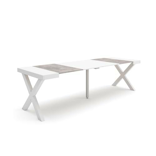 Skraut Home | Mesa Consola Extensible | Mesa Comedor Plegable | 260 | para 12 comensales | Patas Madera Maciza | Estilo Moderno | Blanco y Cemento