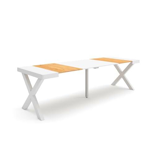 Skraut Home | Mesa Consola Extensible | Mesa Comedor Plegable | 260 | para 12 comensales | Patas Madera Maciza | Estilo Moderno | Roble y Blanco