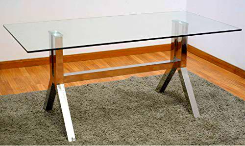 DRW Mesa Comedor Cristal y Base de Acero 180x75x90 cm