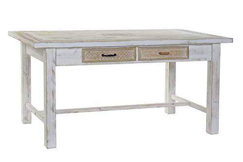 DRW Mesa de Comedor Rectangular de Madera y Metal en Blanco Envejecido 160x80x76cm