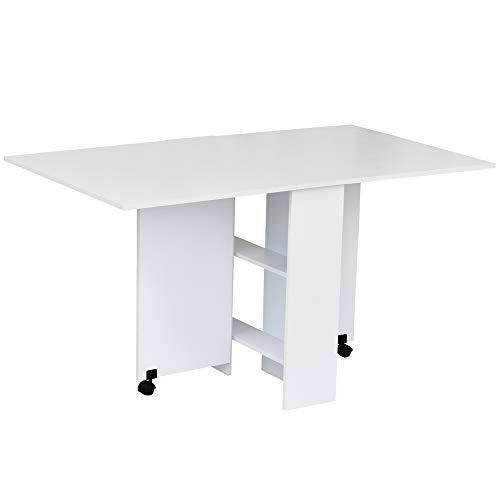 Outsunny HOMCOM Mesa de Comedor Plegable Mesa de Madera con 2 Solapas 2 Estantes de Almacenaje y Ruedas para Cocina 80x140x74 cm Blanco